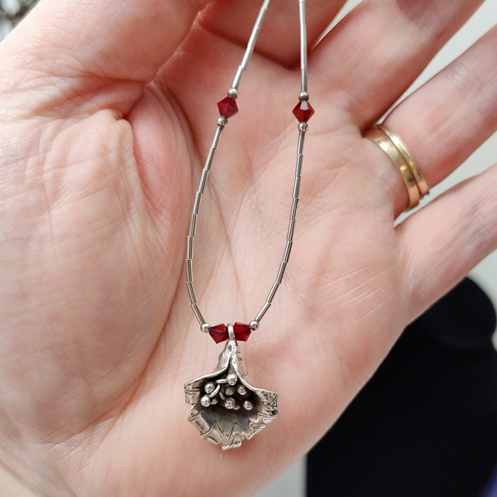 Southwestern Sterling Squash Blossom Liquid Silver Red Crystal Bead Necklace 16" - Picture 13 of 14